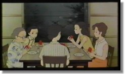 A typical middle-class family sits down at the dinner table to enjoy some watermelon -- from Studio Ghibli's Omoide Poro Poro.